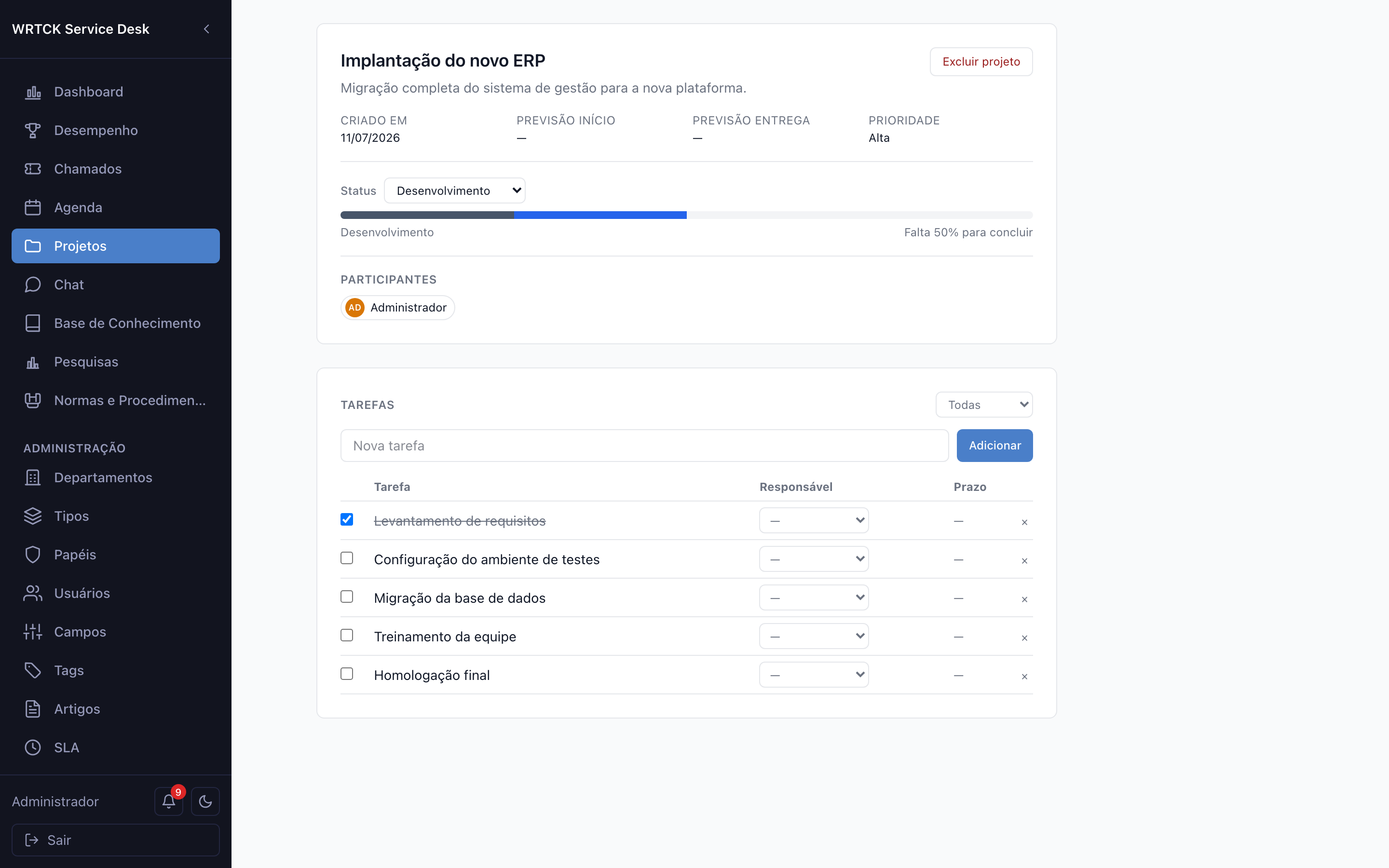 Detalhe de um projeto com tarefas e barra de progresso
